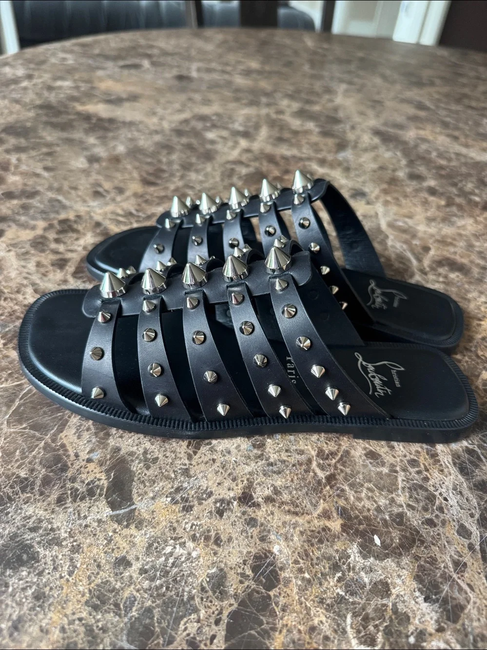 Christian Louboutin charja flat black leather silver spike sandals sz 38.5